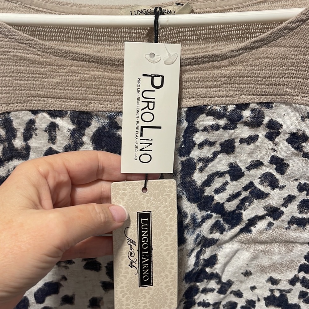 NWT Lungo L'Arno 100% Linen Tie-Dye Navy & Natural Mixed-Media Tunic - Picture 2 of 11